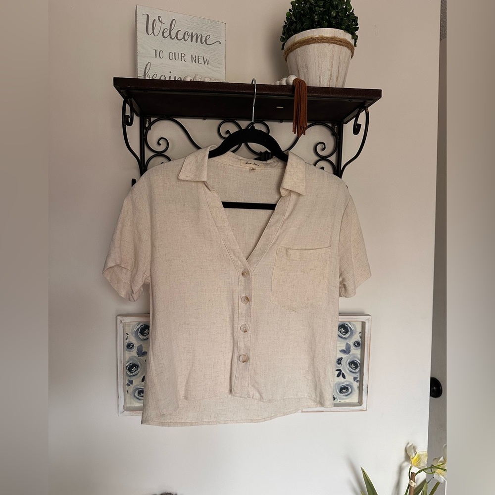 Love Notes Beige Button-Down Linen Rayon Shirt